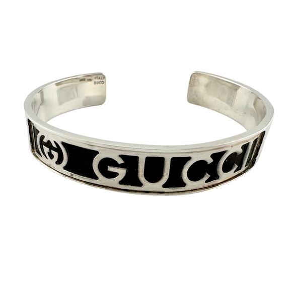 Gucci Black Leather GG Logo Sterling Silver Bangle Bracelet - Vintage! - Picture 1 of 9